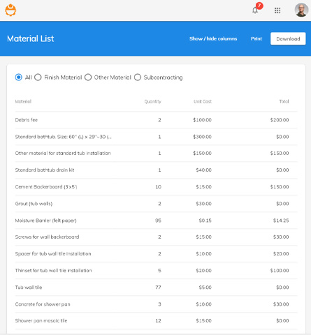 Material list software